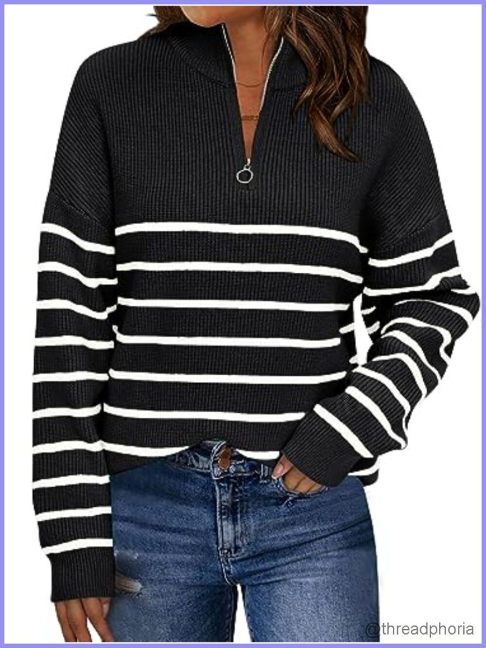 Women's Oversized Quarter Zip Striped Sweater